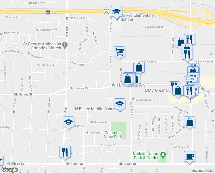 map of restaurants, bars, coffee shops, grocery stores, and more near 1535 Northeast 168th Place in Portland
