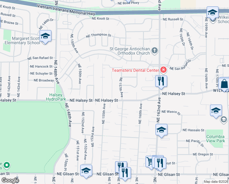 map of restaurants, bars, coffee shops, grocery stores, and more near 1526 Northeast 156th Avenue in Portland