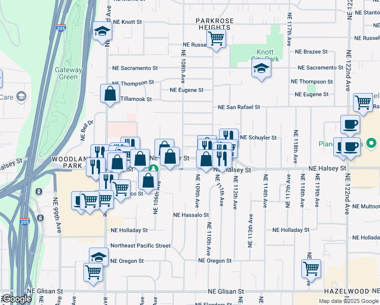 map of restaurants, bars, coffee shops, grocery stores, and more near 10813 Northeast Halsey Street in Portland
