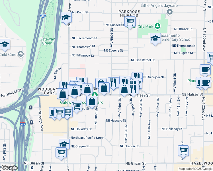 map of restaurants, bars, coffee shops, grocery stores, and more near 1524 Northeast 106th Avenue in Portland