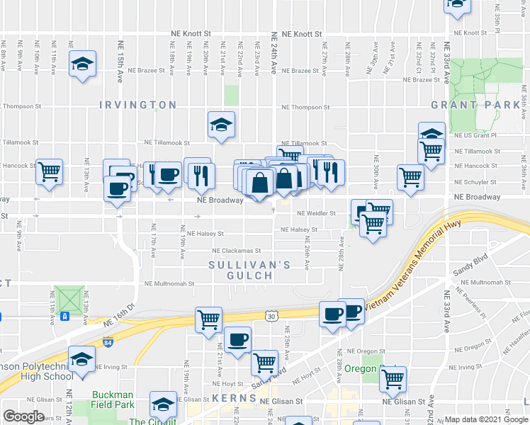 map of restaurants, bars, coffee shops, grocery stores, and more near 1525 Northeast 24th Avenue in Portland