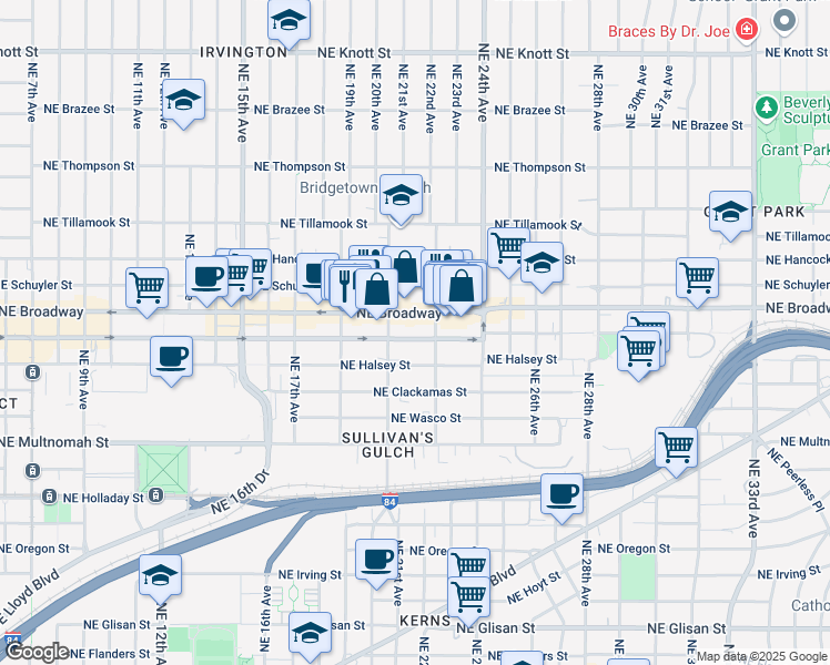 map of restaurants, bars, coffee shops, grocery stores, and more near 1532 Northeast 21st Avenue in Portland