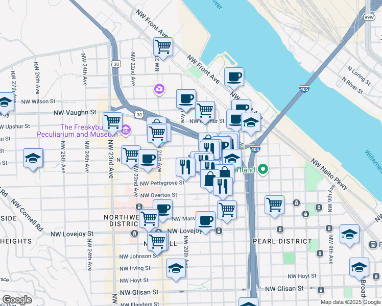 map of restaurants, bars, coffee shops, grocery stores, and more near 1978 Northwest Raleigh Street in Portland