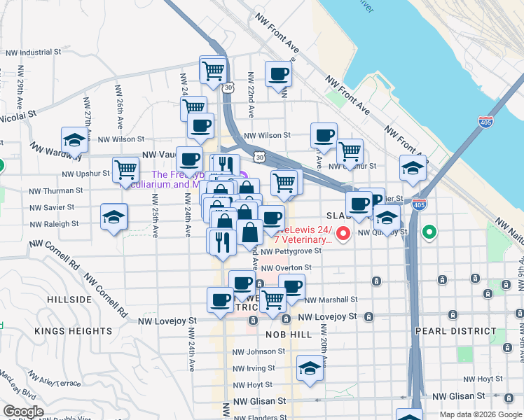map of restaurants, bars, coffee shops, grocery stores, and more near 1535 Northwest 22nd Avenue in Portland