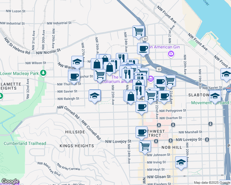 map of restaurants, bars, coffee shops, grocery stores, and more near 2503 Northwest Raleigh Street in Portland