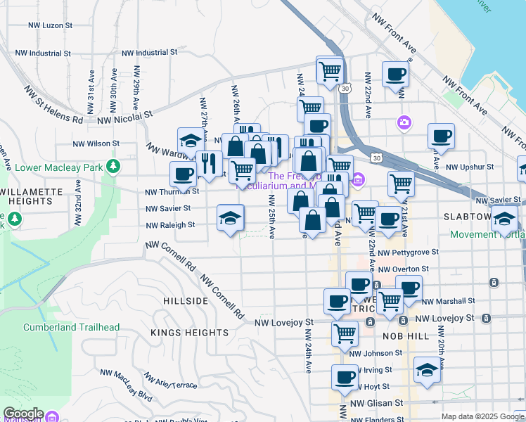 map of restaurants, bars, coffee shops, grocery stores, and more near 2503 Northwest Raleigh Street in Portland