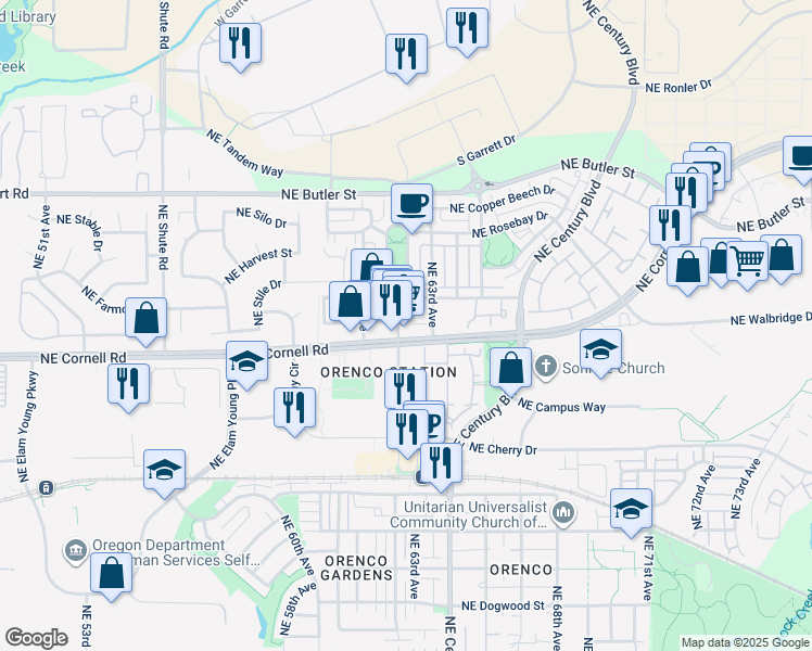 map of restaurants, bars, coffee shops, grocery stores, and more near 6243 Northeast 63rd Way in Hillsboro