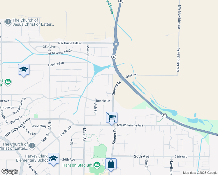 map of restaurants, bars, coffee shops, grocery stores, and more near 3204 Sunset Drive in Forest Grove