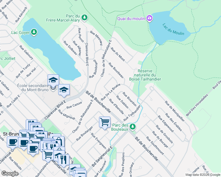 map of restaurants, bars, coffee shops, grocery stores, and more near 445 Rue De La Bruère in Saint-Bruno-de-Montarville