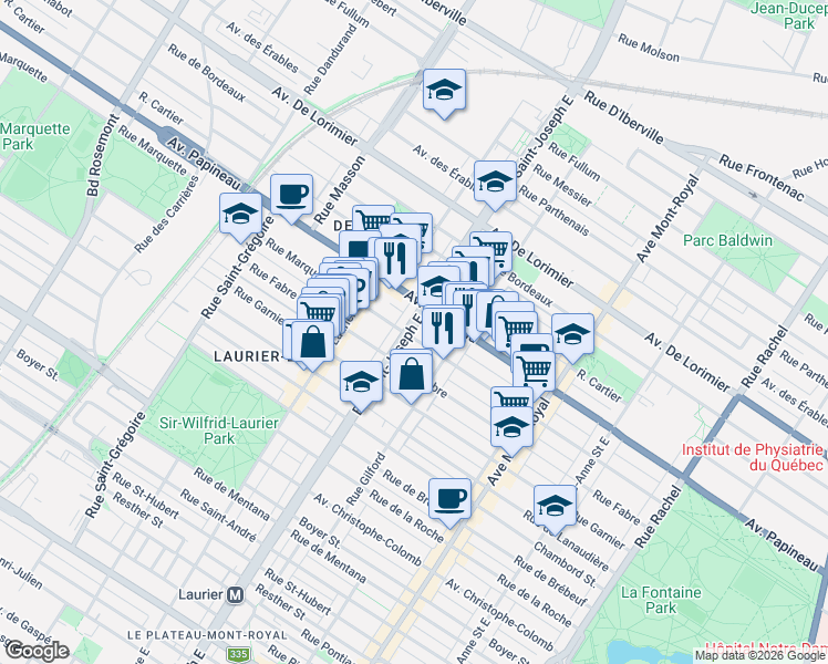map of restaurants, bars, coffee shops, grocery stores, and more near 1650 Boulevard Saint-Joseph Est in Montréal