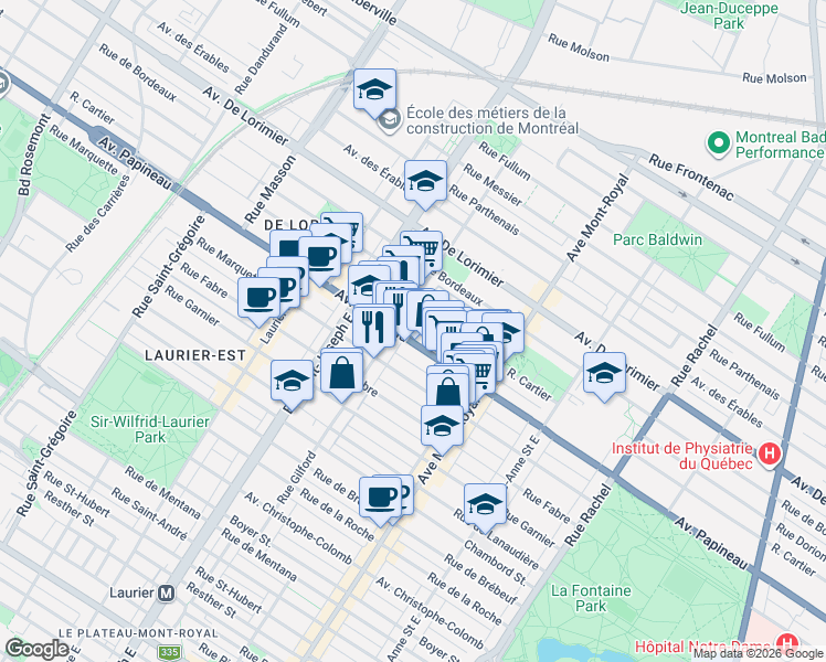 map of restaurants, bars, coffee shops, grocery stores, and more near 4755 Avenue Papineau in Montréal