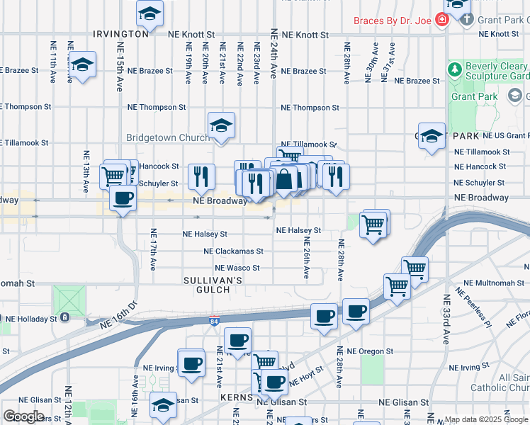map of restaurants, bars, coffee shops, grocery stores, and more near 1525 Northeast 24th Avenue in Portland