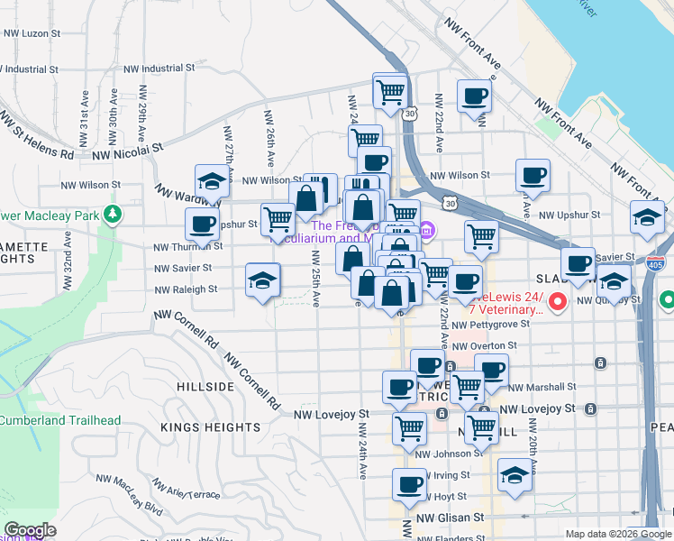 map of restaurants, bars, coffee shops, grocery stores, and more near 2448 Northwest Savier Street in Portland