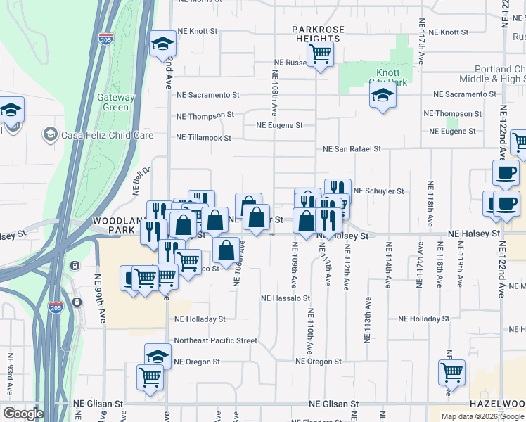 map of restaurants, bars, coffee shops, grocery stores, and more near 1524 Northeast 106th Avenue in Portland
