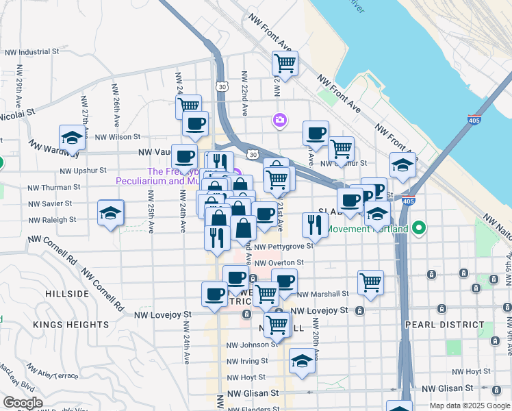 map of restaurants, bars, coffee shops, grocery stores, and more near 2175 Northwest Raleigh Street in Portland