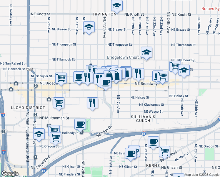 map of restaurants, bars, coffee shops, grocery stores, and more near in Portland