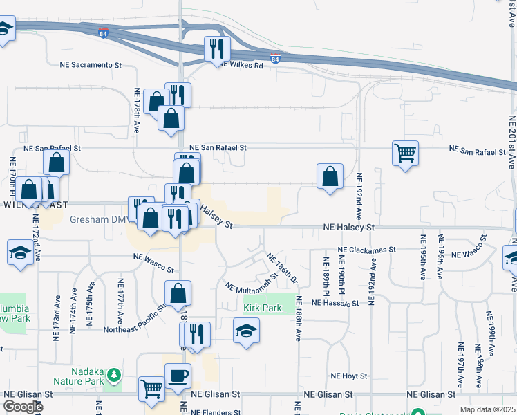 map of restaurants, bars, coffee shops, grocery stores, and more near 18557 Northeast Halsey Street in Portland