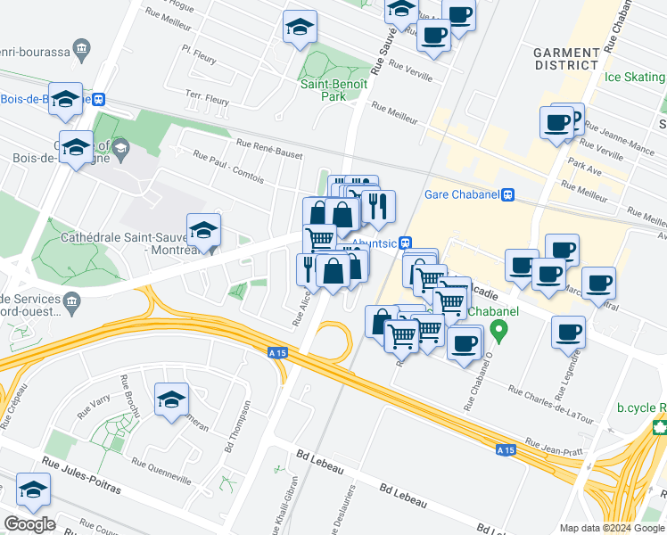 map of restaurants, bars, coffee shops, grocery stores, and more near 2000 Rue Sauvé Ouest in Montréal
