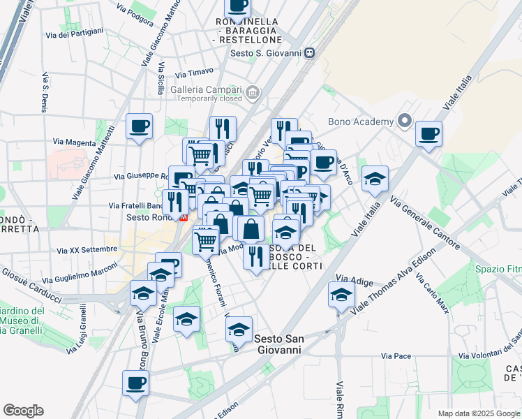map of restaurants, bars, coffee shops, grocery stores, and more near 18 Via dei Giardini in Sesto San Giovanni