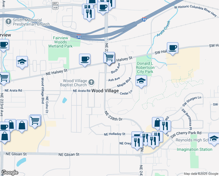 map of restaurants, bars, coffee shops, grocery stores, and more near 100 Maple Boulevard in Wood Village
