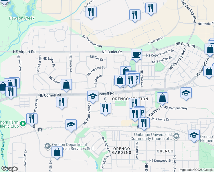 map of restaurants, bars, coffee shops, grocery stores, and more near 5958 Northeast Ray Circle in Hillsboro