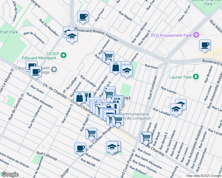 map of restaurants, bars, coffee shops, grocery stores, and more near 315 Rue Lamarre in Longueuil