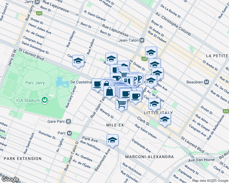 map of restaurants, bars, coffee shops, grocery stores, and more near in Montreal