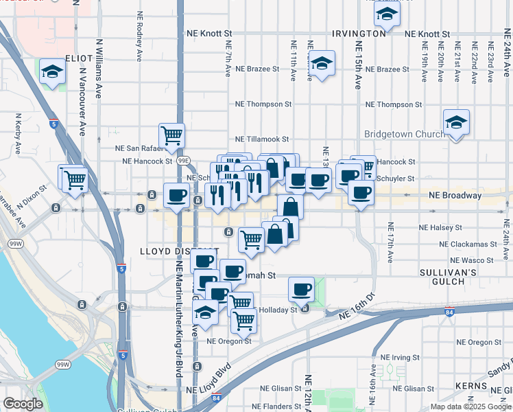 map of restaurants, bars, coffee shops, grocery stores, and more near 825 Northeast Weidler Street in Portland