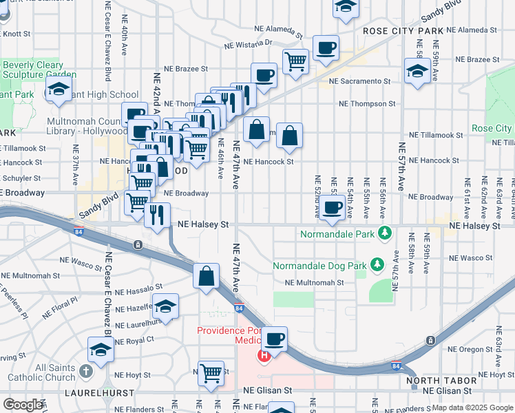 map of restaurants, bars, coffee shops, grocery stores, and more near 1604 Northeast 48th Avenue in Portland