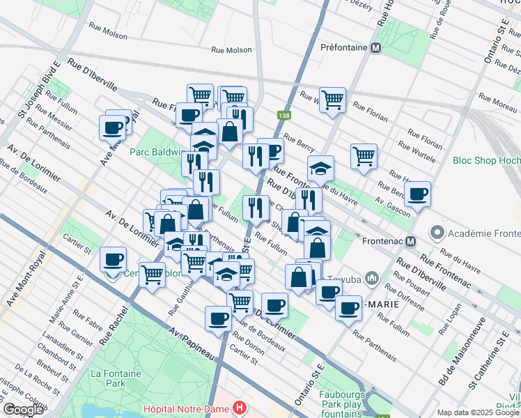 map of restaurants, bars, coffee shops, grocery stores, and more near 2364 Rue Sherbrooke Est in Montréal