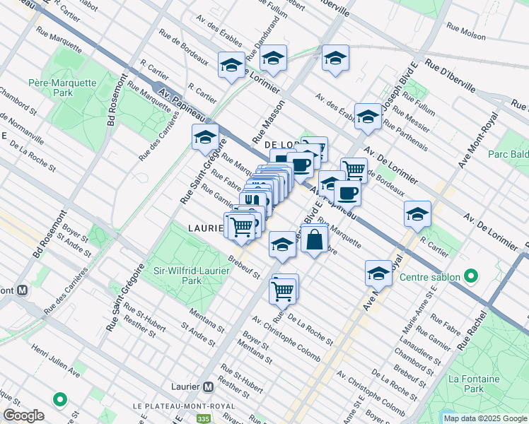 map of restaurants, bars, coffee shops, grocery stores, and more near 5087 Rue Garnier in Montréal