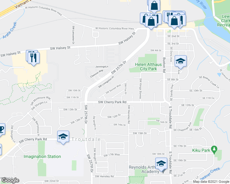 map of restaurants, bars, coffee shops, grocery stores, and more near 851 Southwest Sunset Way in Troutdale