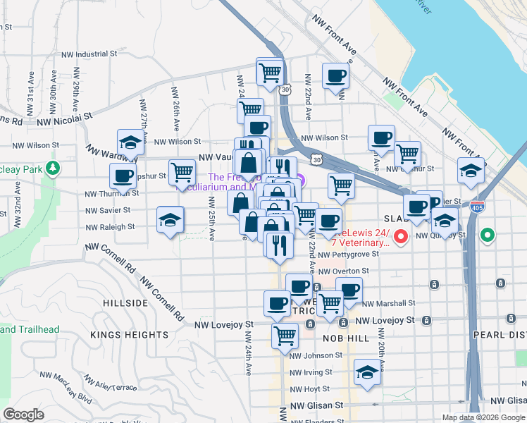 map of restaurants, bars, coffee shops, grocery stores, and more near 2350 Northwest Savier Street in Portland