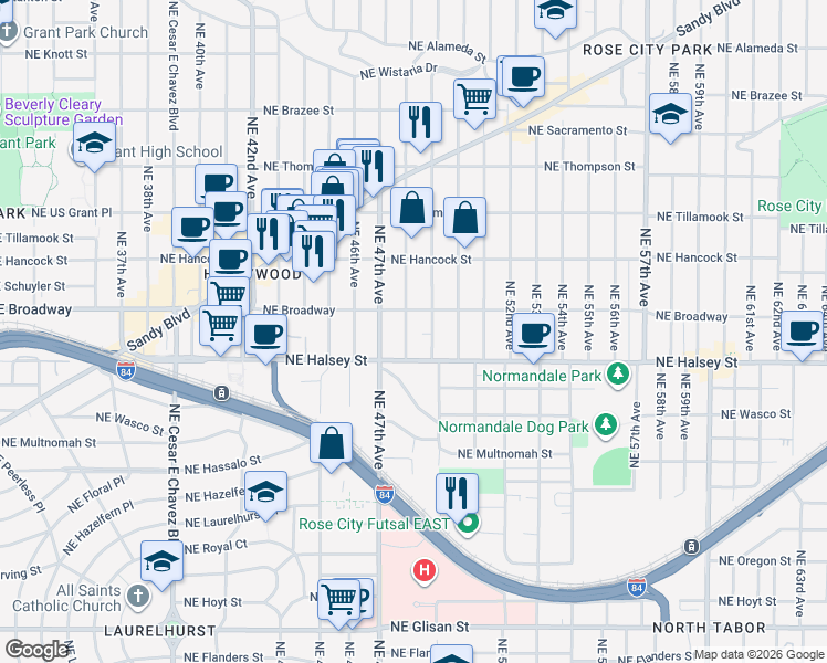 map of restaurants, bars, coffee shops, grocery stores, and more near 1604 Northeast 48th Avenue in Portland