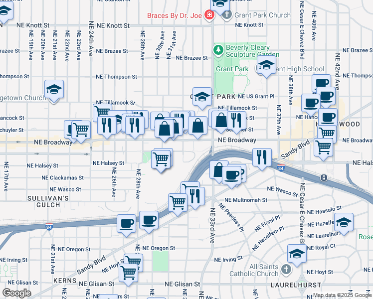 map of restaurants, bars, coffee shops, grocery stores, and more near 3215 Northeast Weidler Street in Portland
