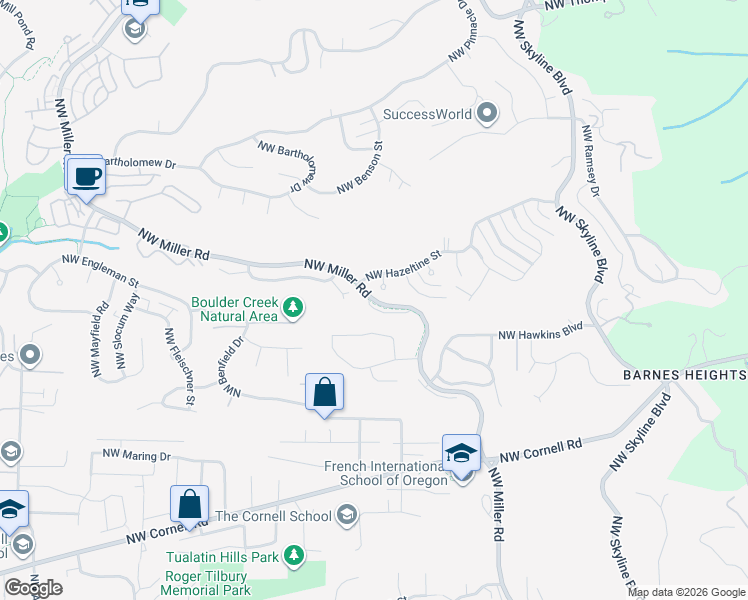 map of restaurants, bars, coffee shops, grocery stores, and more near Northwest Miller Road in Portland