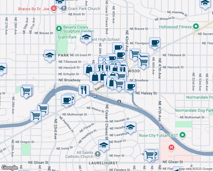 map of restaurants, bars, coffee shops, grocery stores, and more near 3800 Northeast Sandy Boulevard in Portland