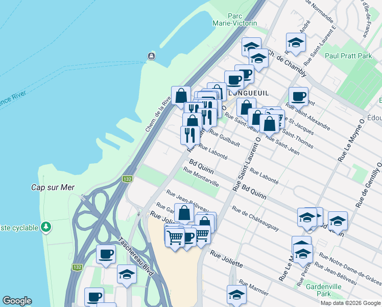 map of restaurants, bars, coffee shops, grocery stores, and more near 480 Rue Saint-Charles Ouest in Longueuil