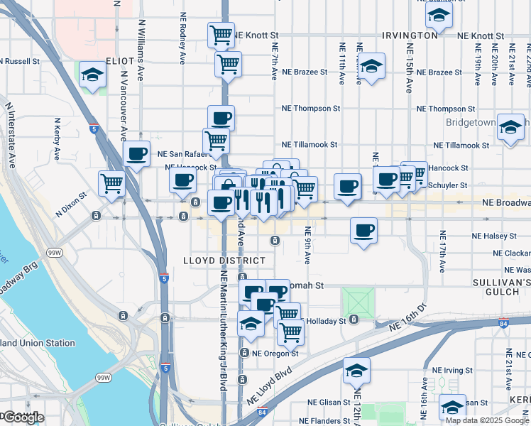 map of restaurants, bars, coffee shops, grocery stores, and more near 603 Northeast Halsey Street in Portland