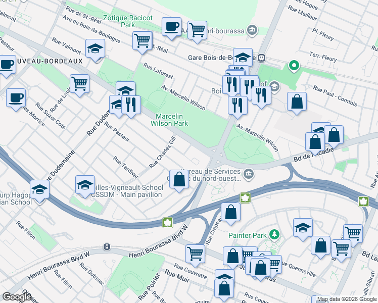 map of restaurants, bars, coffee shops, grocery stores, and more near 1972 Rue Lavigerie in Montréal