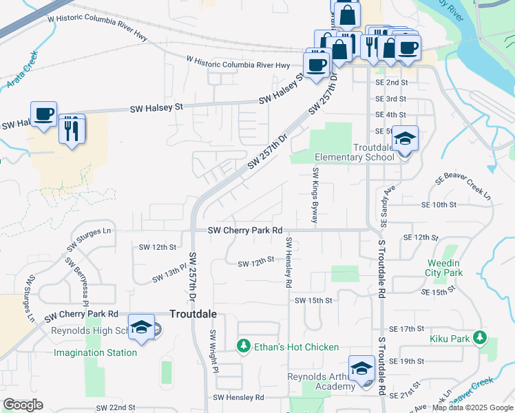 map of restaurants, bars, coffee shops, grocery stores, and more near 694 Southwest Sunset Way in Troutdale