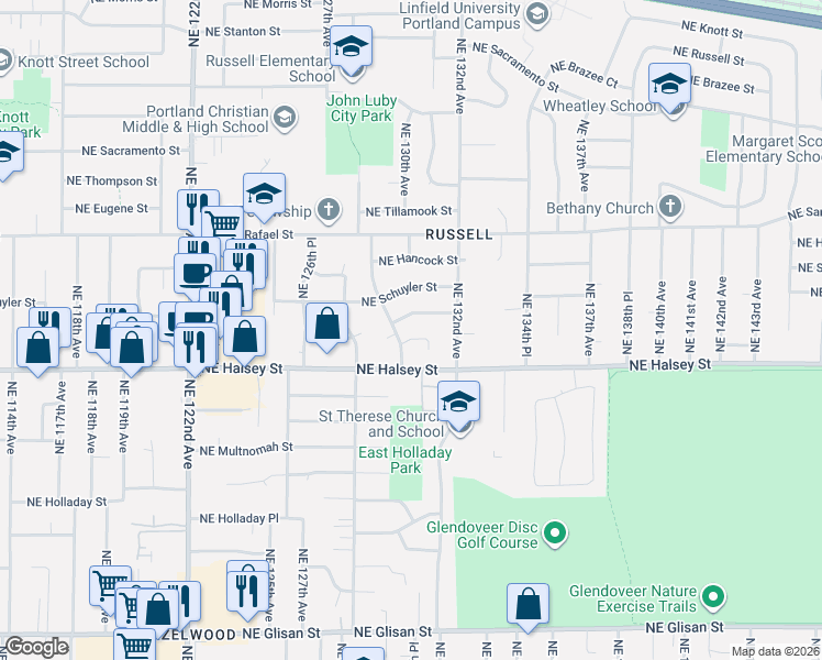 map of restaurants, bars, coffee shops, grocery stores, and more near 1524 Northeast 129th Place in Portland