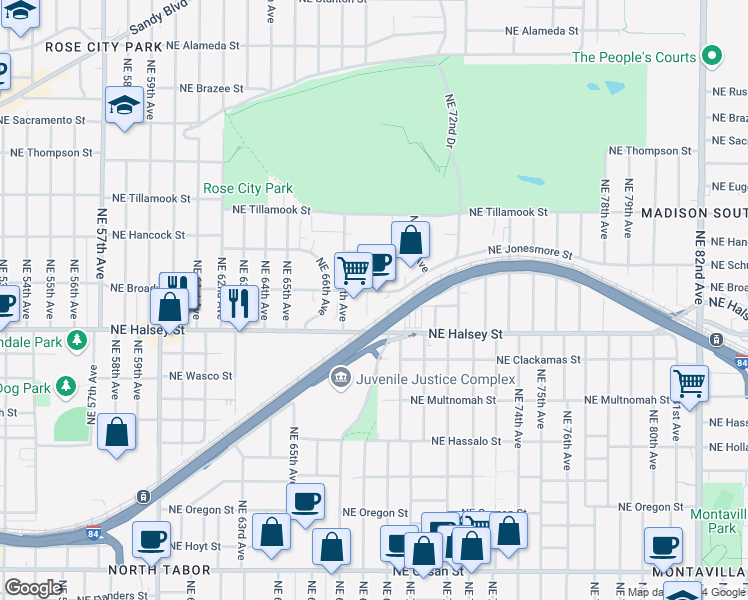 map of restaurants, bars, coffee shops, grocery stores, and more near 1512 Northeast 67th Avenue in Portland