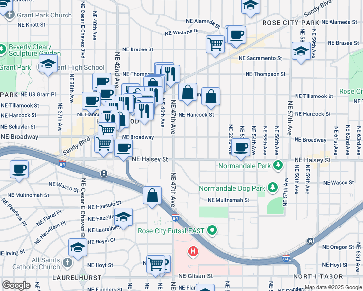 map of restaurants, bars, coffee shops, grocery stores, and more near 4729 Northeast Halsey Street in Portland