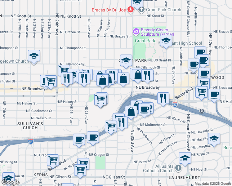 map of restaurants, bars, coffee shops, grocery stores, and more near 3204 Northeast Weidler Street in Portland