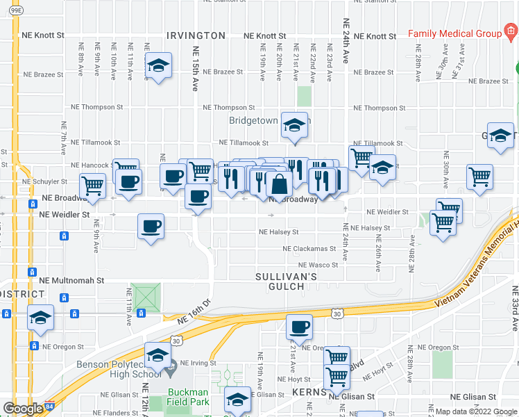 map of restaurants, bars, coffee shops, grocery stores, and more near 1936 Northeast Weidler Street in Portland