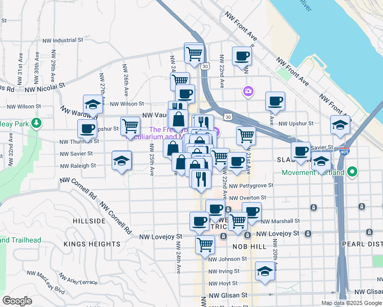 map of restaurants, bars, coffee shops, grocery stores, and more near 2352 Northwest Raleigh Street in Portland
