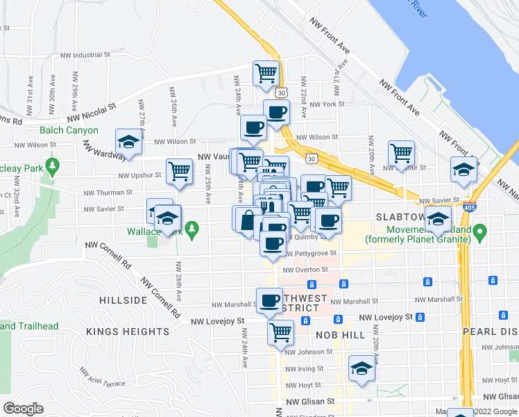 map of restaurants, bars, coffee shops, grocery stores, and more near 2352 Northwest Raleigh Street in Portland
