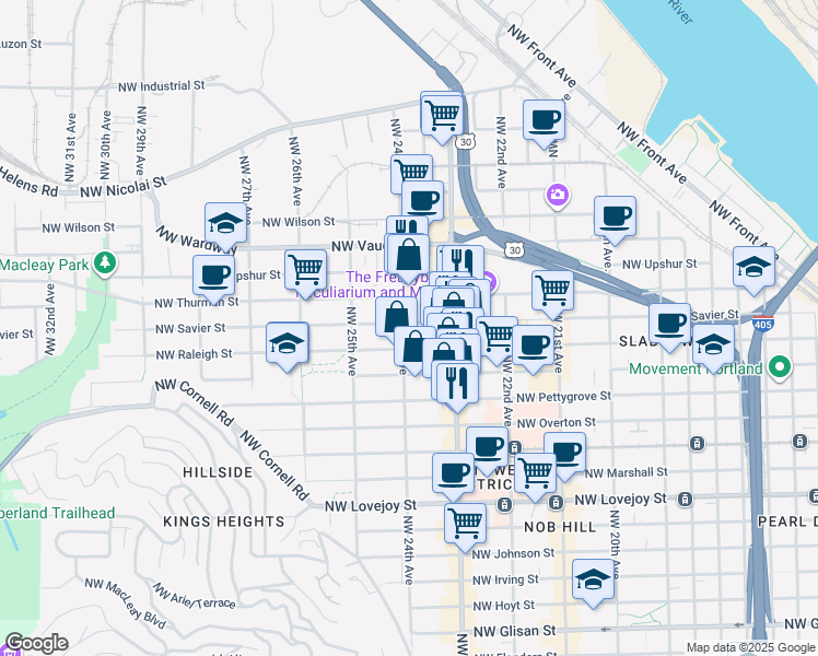 map of restaurants, bars, coffee shops, grocery stores, and more near 2356 Northwest Raleigh Street in Portland