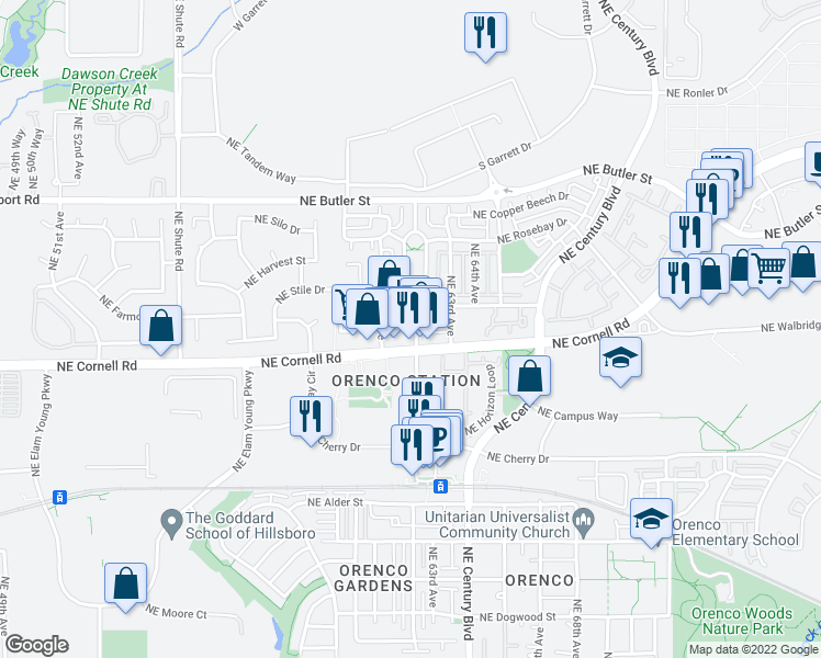 map of restaurants, bars, coffee shops, grocery stores, and more near 6113 Northeast Cornell Road in Hillsboro